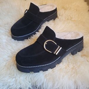 La CANADIENNE Black Suede Clogs with Silver Buckle